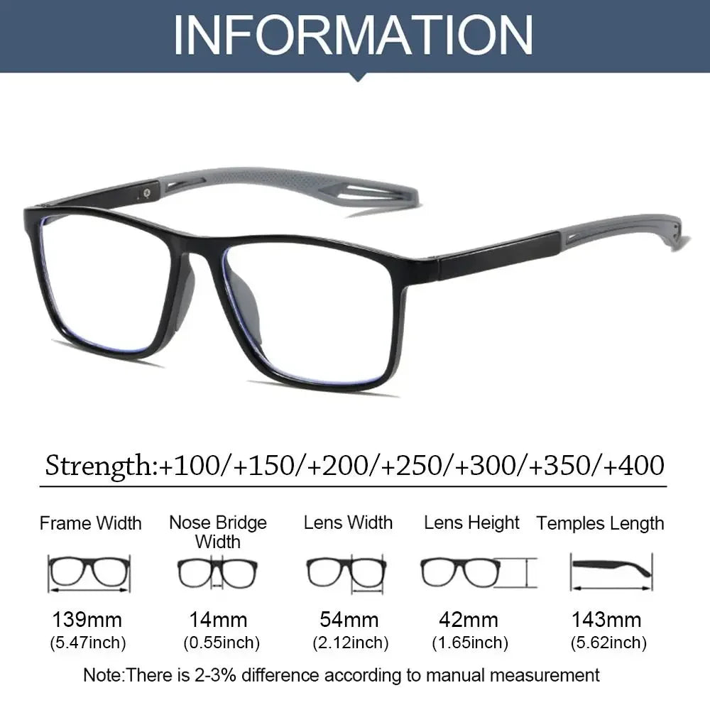 Unisex Ultralight Silicone TR90 Sports Blue Light Blocking High Definition Square Reading glasses Prescription Eyeglasses