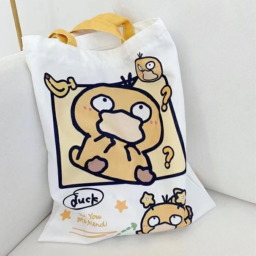 Kawaii Pikachu Pokemon Canvas Tote Squirtle Psyduck Cute Daily Portable Handbag Shopping Grocery Reusable School Girls Gifts