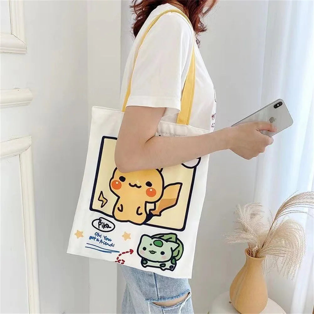 Kawaii Pikachu Pokemon Canvas Tote Squirtle Psyduck Cute Daily Portable Handbag Shopping Grocery Reusable School Girls Gifts