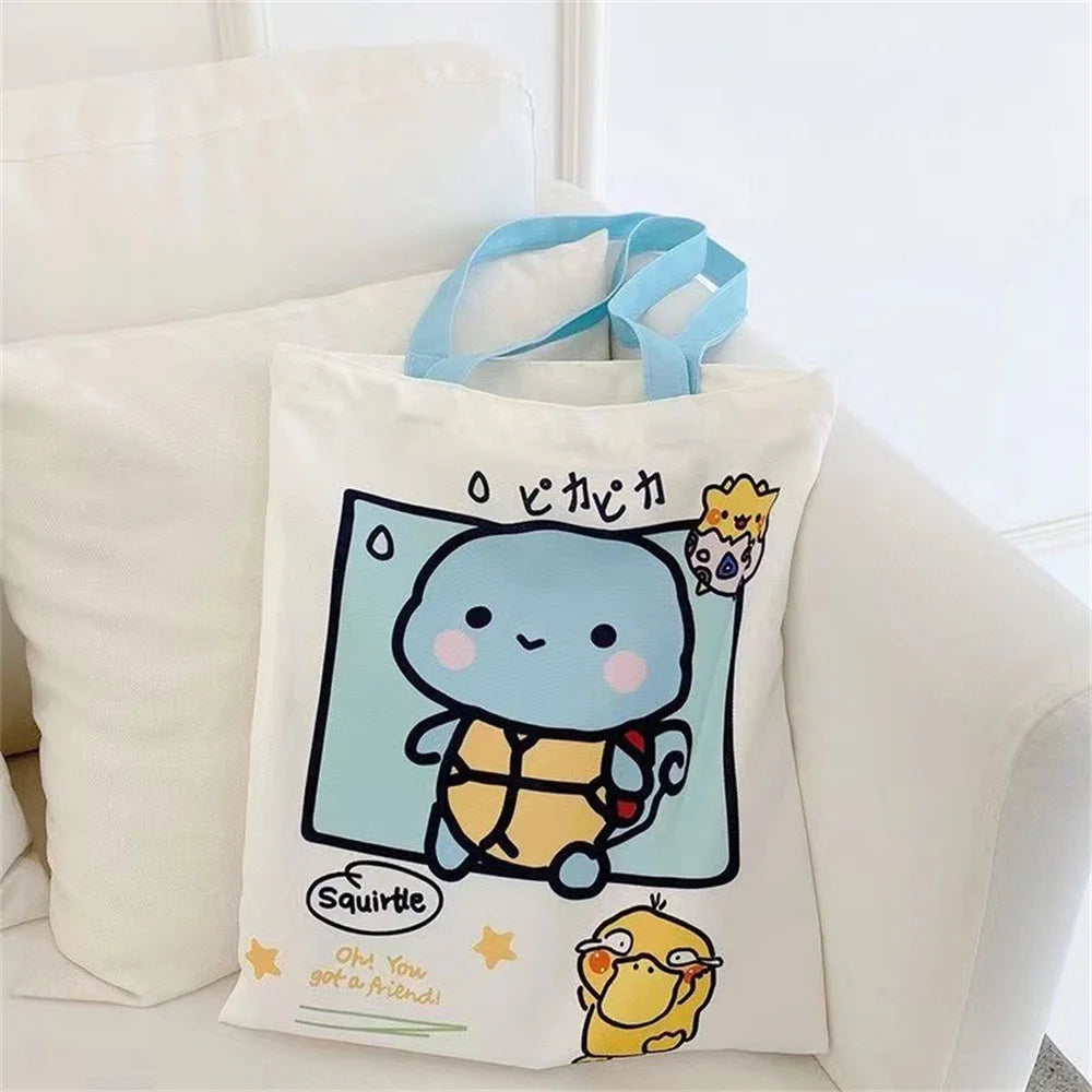 Kawaii Pikachu Pokemon Canvas Tote Squirtle Psyduck Cute Daily Portable Handbag Shopping Grocery Reusable School Girls Gifts