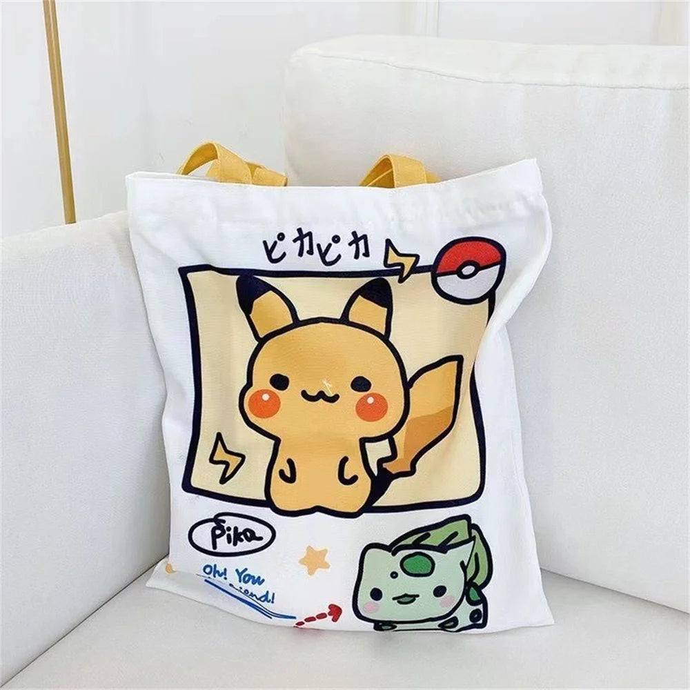 Kawaii Pikachu Pokemon Canvas Tote Squirtle Psyduck Cute Daily Portable Handbag Shopping Grocery Reusable School Girls Gifts