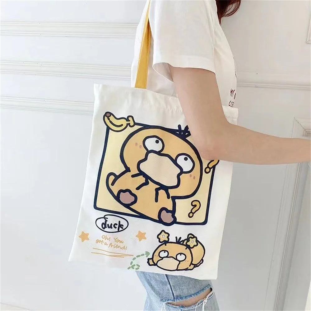 Kawaii Pikachu Pokemon Canvas Tote Squirtle Psyduck Cute Daily Portable Handbag Shopping Grocery Reusable School Girls Gifts