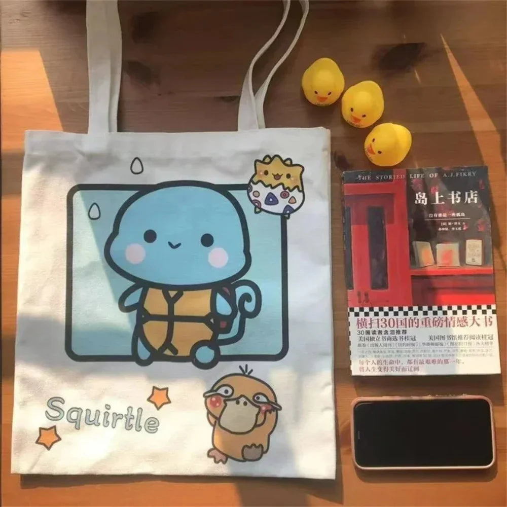 Kawaii Pikachu Pokemon Canvas Tote Squirtle Psyduck Cute Daily Portable Handbag Shopping Grocery Reusable School Girls Gifts