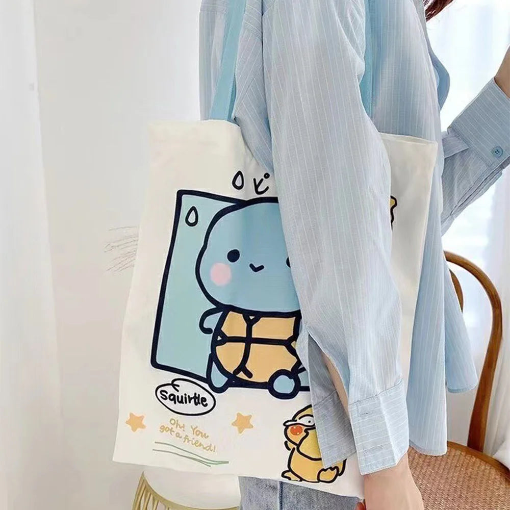 Kawaii Pikachu Pokemon Canvas Tote Squirtle Psyduck Cute Daily Portable Handbag Shopping Grocery Reusable School Girls Gifts