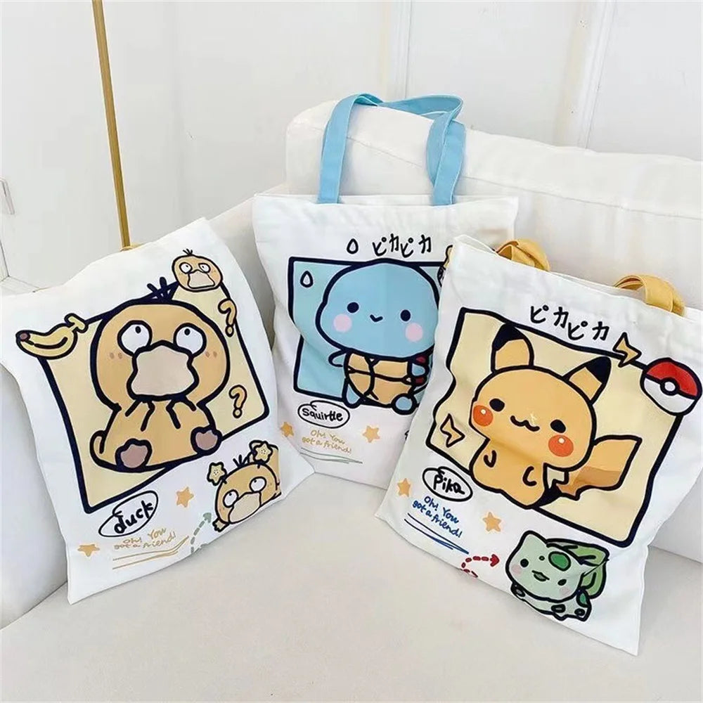 Kawaii Pikachu Pokemon Canvas Tote Squirtle Psyduck Cute Daily Portable Handbag Shopping Grocery Reusable School Girls Gifts